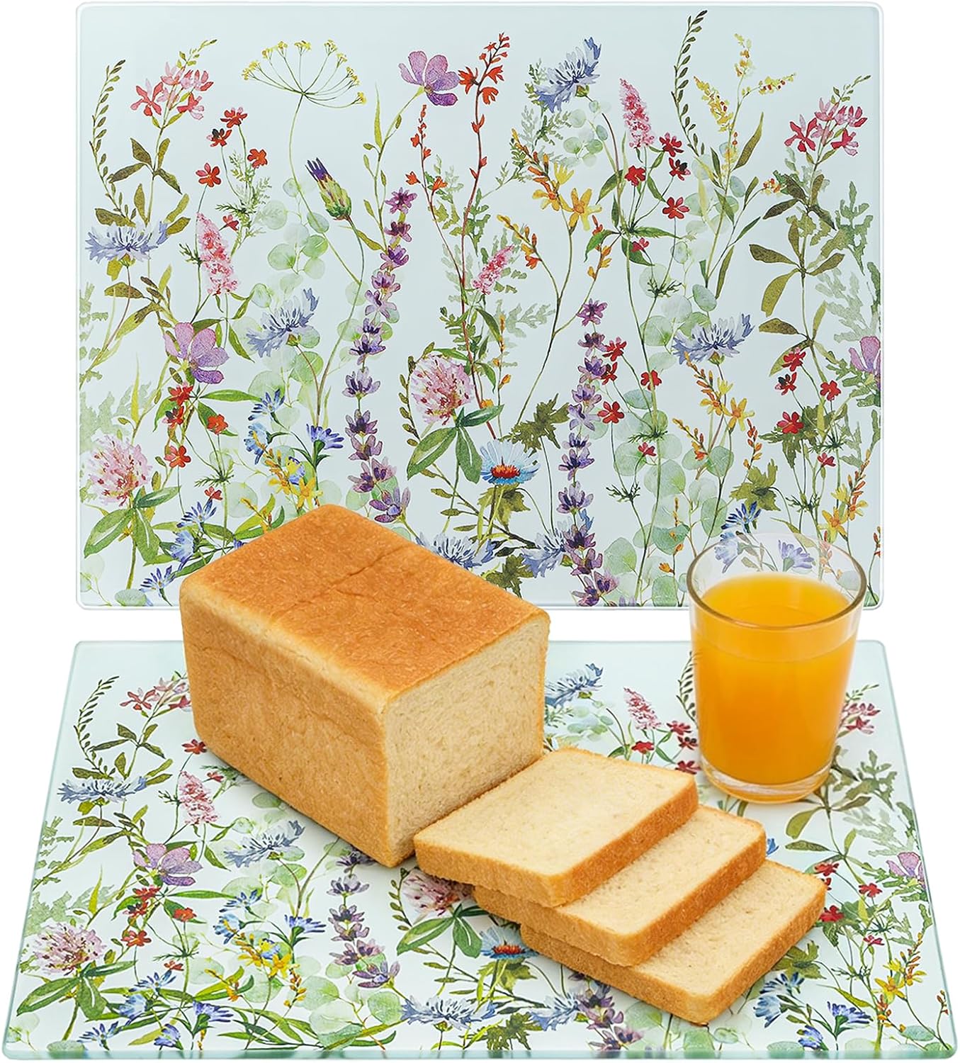 WRINGKIT Set of 2 Floral Tempered Glass Cutting Board, 12x16" Chopping Board with Non-slip Feet, Large Glass Kitchen Countertop Protector, Food Prep Serving, Scratch-Resistant, Easy to Clean