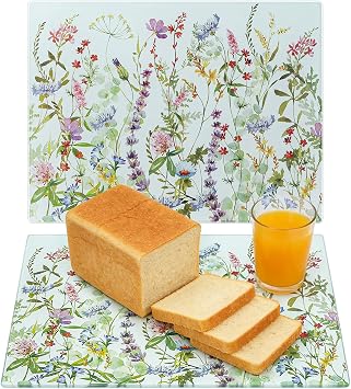 WRINGKIT Set of 2 Floral Tempered Glass Cutting Board, Easy to Clean