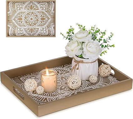 Hanobe Square Large Ottoman Tray: Extra Serving Tray With Handles Rtic Wood Decorative Coffee Table Trays Farmhoe Home Decor For Living Room Kitchen Counter 20'' X 20'' Burnt Wood