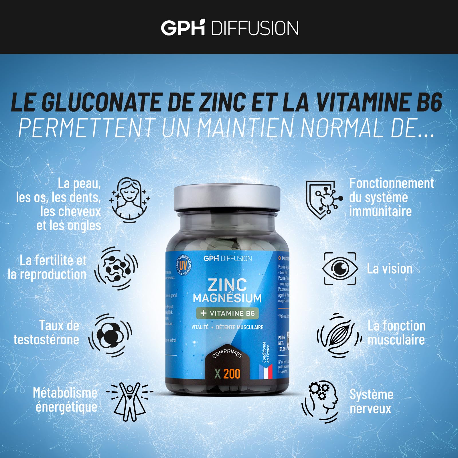 Magnésium marin + Zinc + B6-200 Comprimés - Vitalité - Détente Musculaire - GPH DIFFUSION (Lot de 4)
