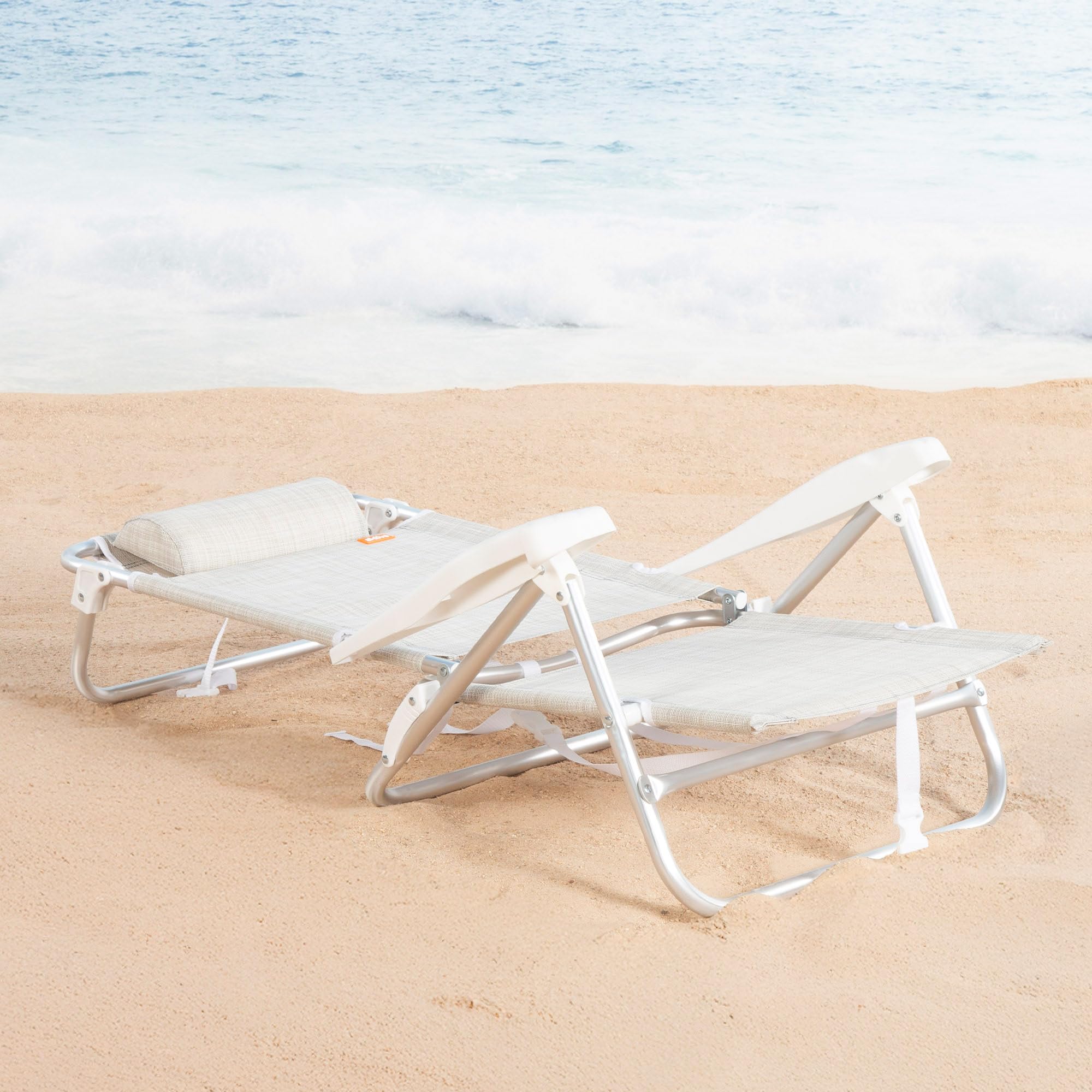 AKTIVE Chaise de Plage Pliable, Beige, Multipositions 8 Positions, textilène et Aluminium, 47 x 49 x 82 cm, Charge 110 kg, avec poignée de Transport