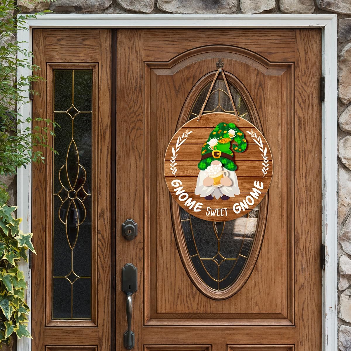 Interchangeable Gnome Welcome Sign St. Patrick's Day Door Decorations, Changeable Seasonal Front Porch Decor Wood Wreath Gnomes Gifts for Spring Summer Fall Winter All Seasons Holiday, Light Brown - Image 4