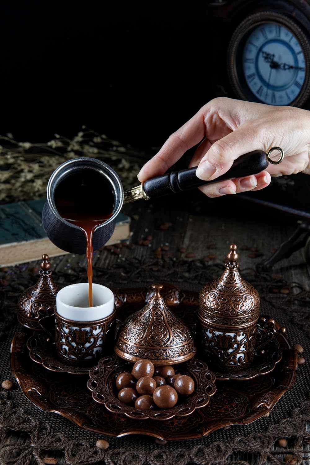 DEMMEX 2024 Turkish Greek Arabic Coffee Serving Set with Cups, Saucers, Cup Holders, Lids, Sugar Bowl & Lid and Tray, 11 Pcs (Antique), Medium