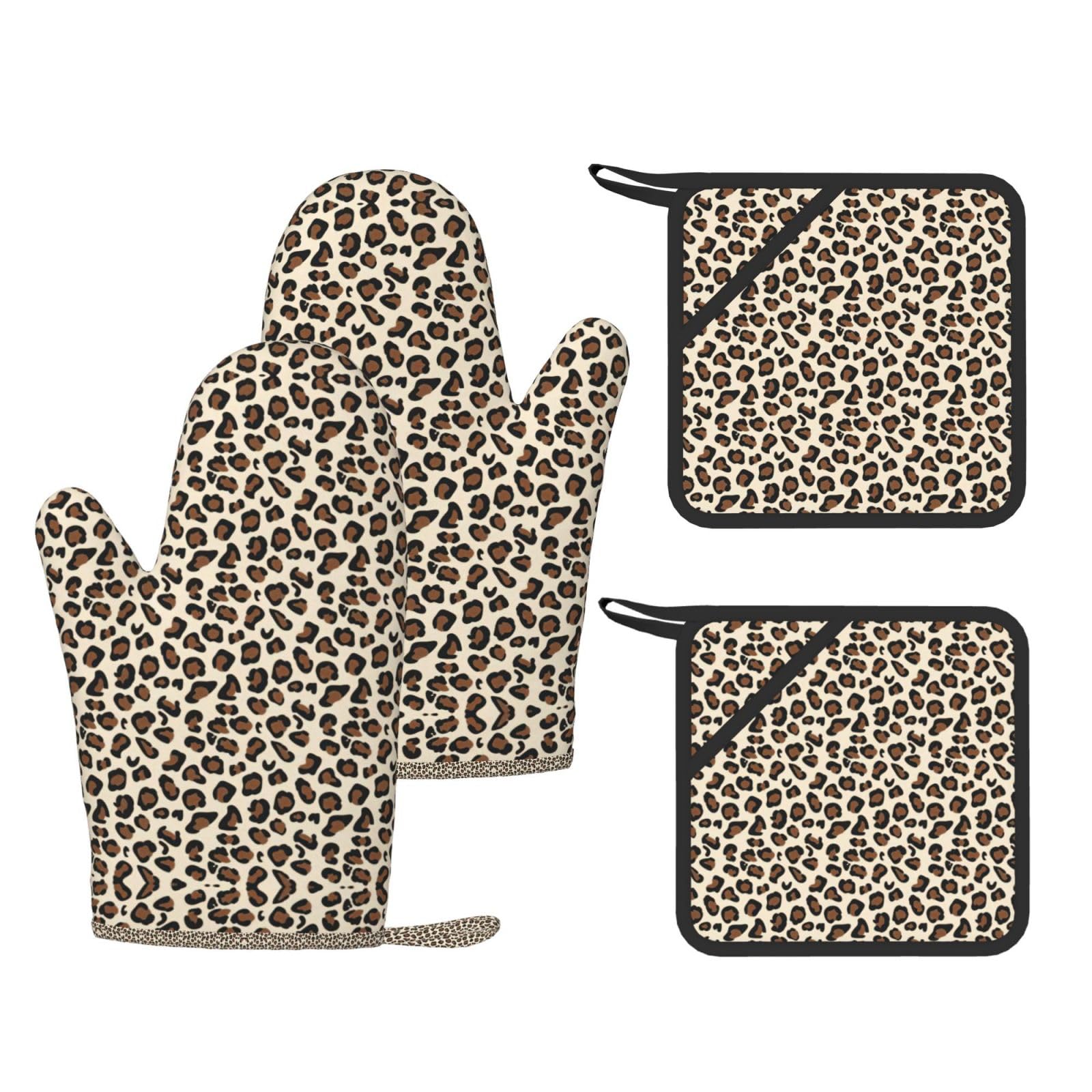 Leopard Print Printed Pot Holders and Oven Mitts 4-Piece, Non-Slip Kitchen Gloves with Utensil Pocket for BBQ
