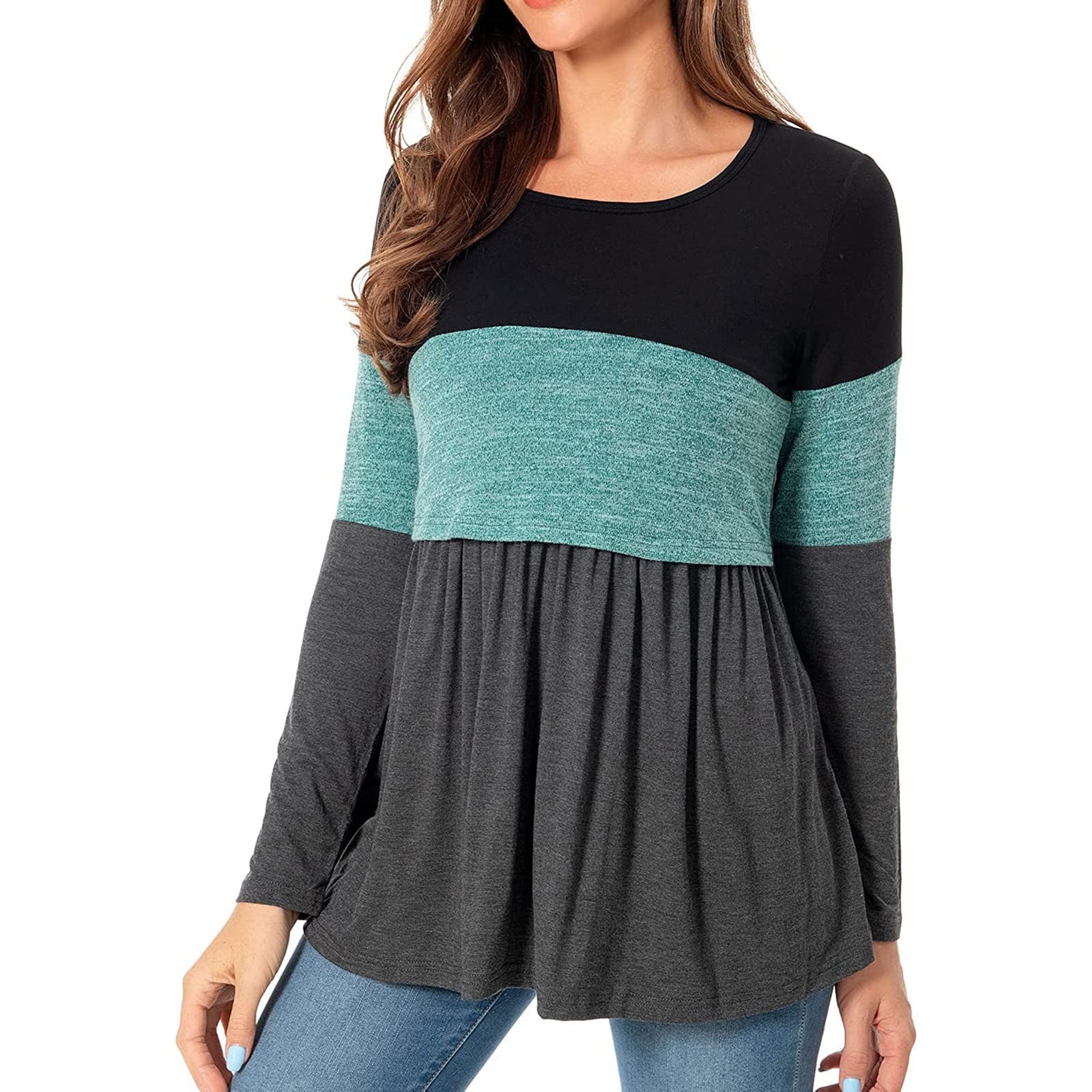 Umstandsmode Damen Langarm Rundhalsausschnitt Farbblock Stilloberteil T-Shirt Stillen Schwangerschaftskleidung Bequem Dehnbar Basic Paket
