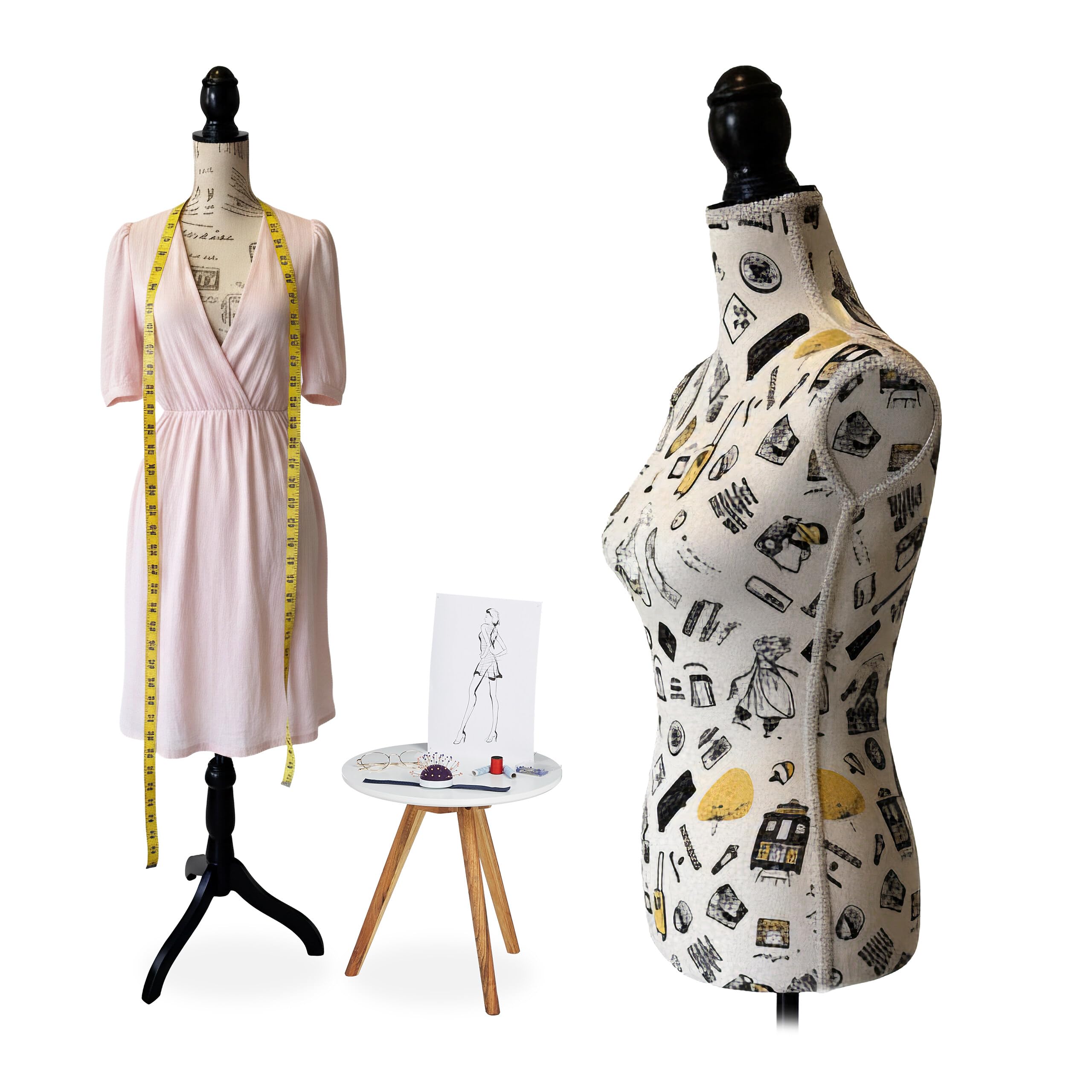 Manichino da Sarto Relaxdays, Donna, Taglia 36/​38, Regolabile 160-​175 cm, Supporto in Legno, Design Londra, Crema/​Nero