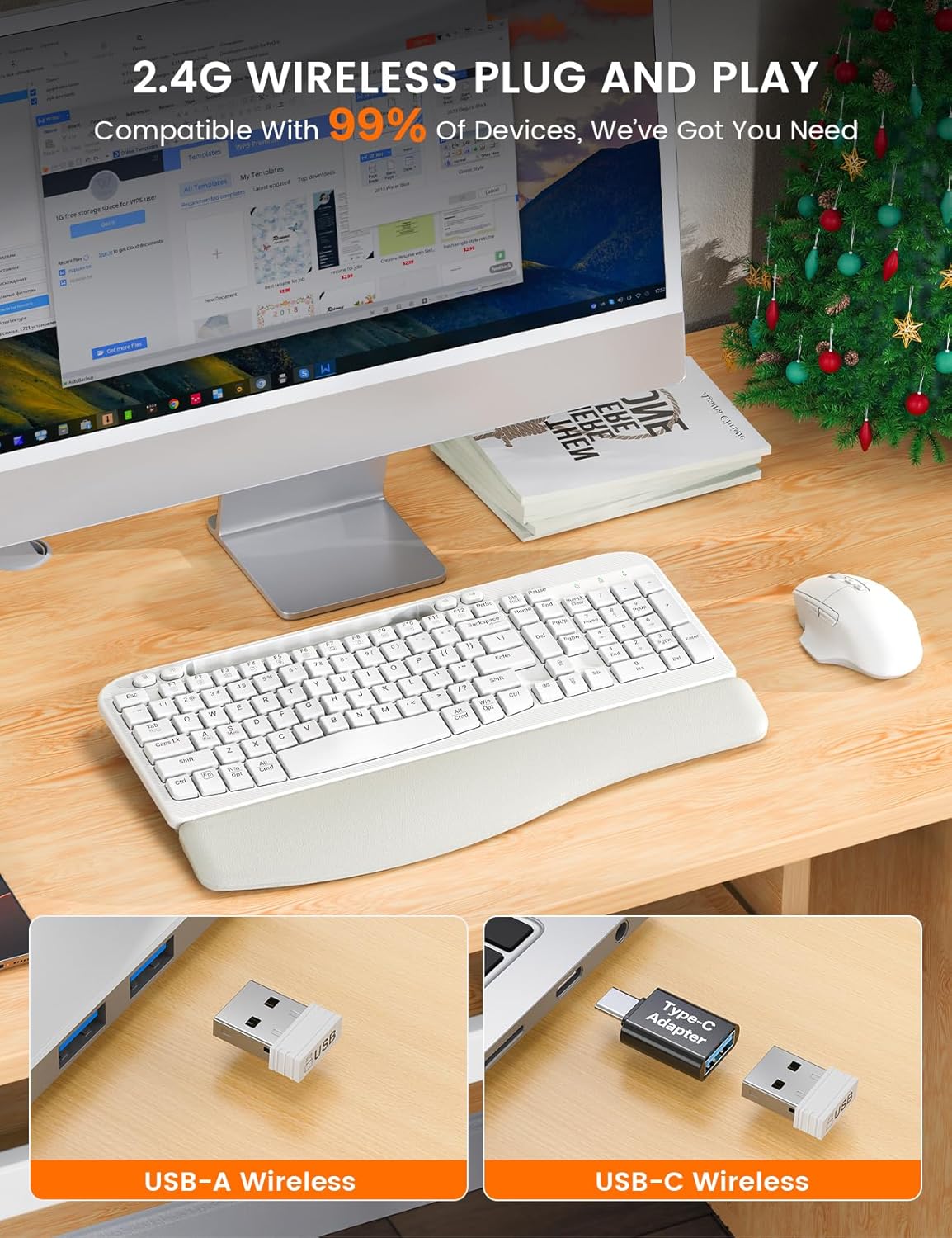SABLUTE Wireless Keyboard and Mouse Combo, Ergonomic Wave Keys, Cushioned Palm Rest, Rechargeable, Phone Holder, Natural Typing, 2.4G Lag-Free, MA22 Plus Full Size Keyboards Set for Windows/Mac, White