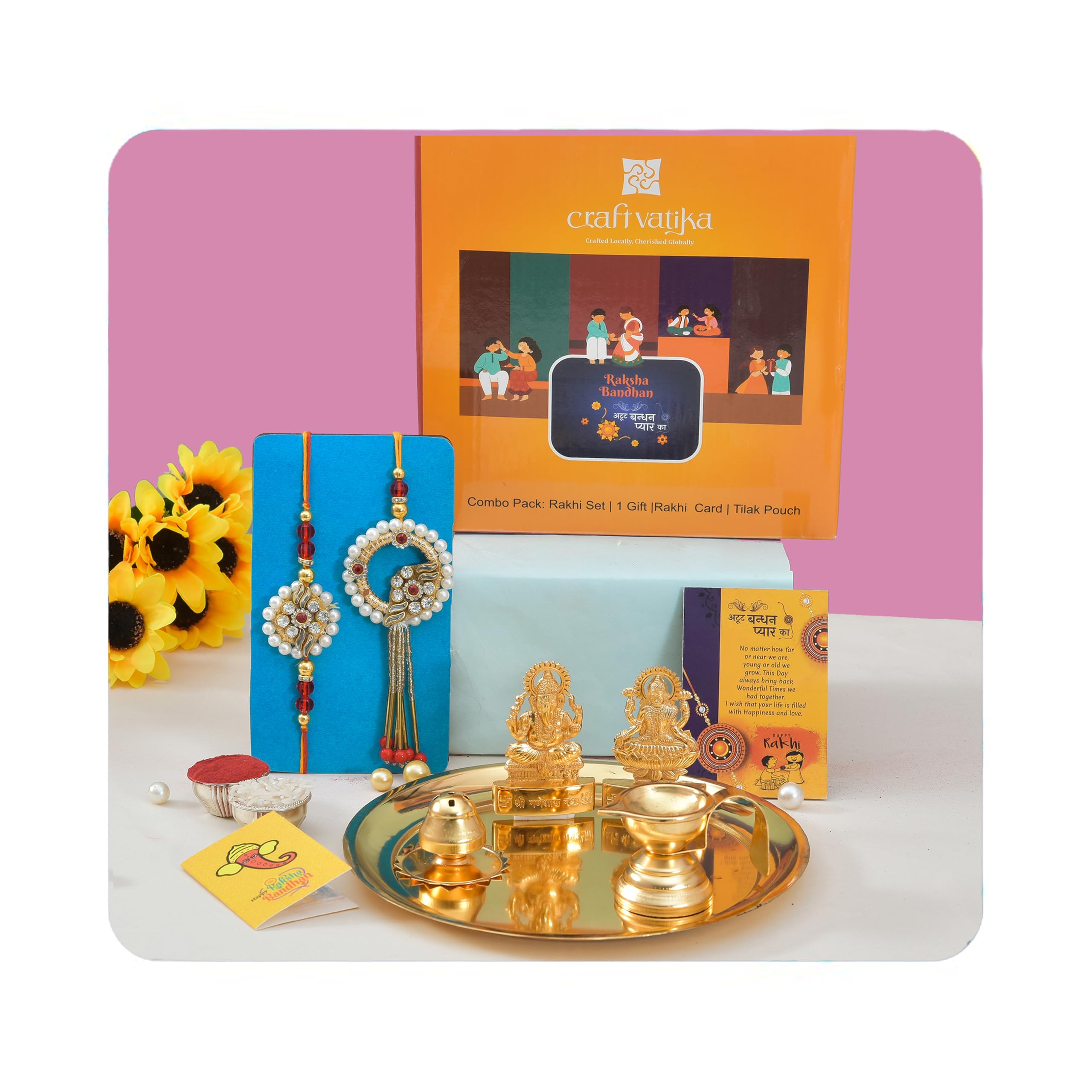 Rakhi for Brother with Puja Pooja Thali Gifts Combo - Rakhi Gift for Brother and Bhabhi - Rakshabandha Gifts for Sister Bhaiya - Gold Plated Laxmi Ganesh Pooja thali Set