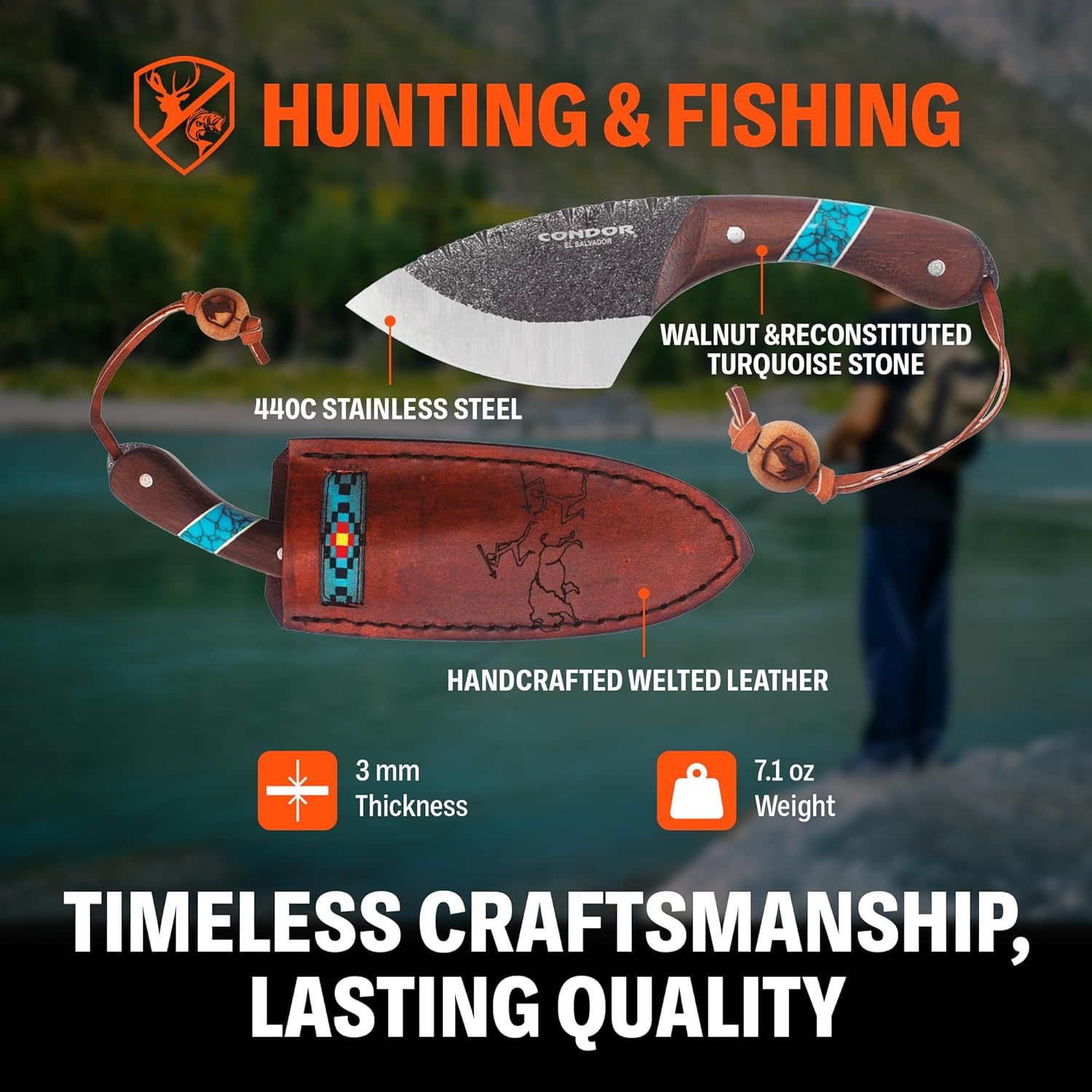 Condor Tool & Knife Blue River Skinner Fixed Blade Hunting Knife - Stainless Steel - Hand Crafted Leather Sheath - Pocket Sized - 3.92in Blade - 8.11oz (3.5mm Thick)