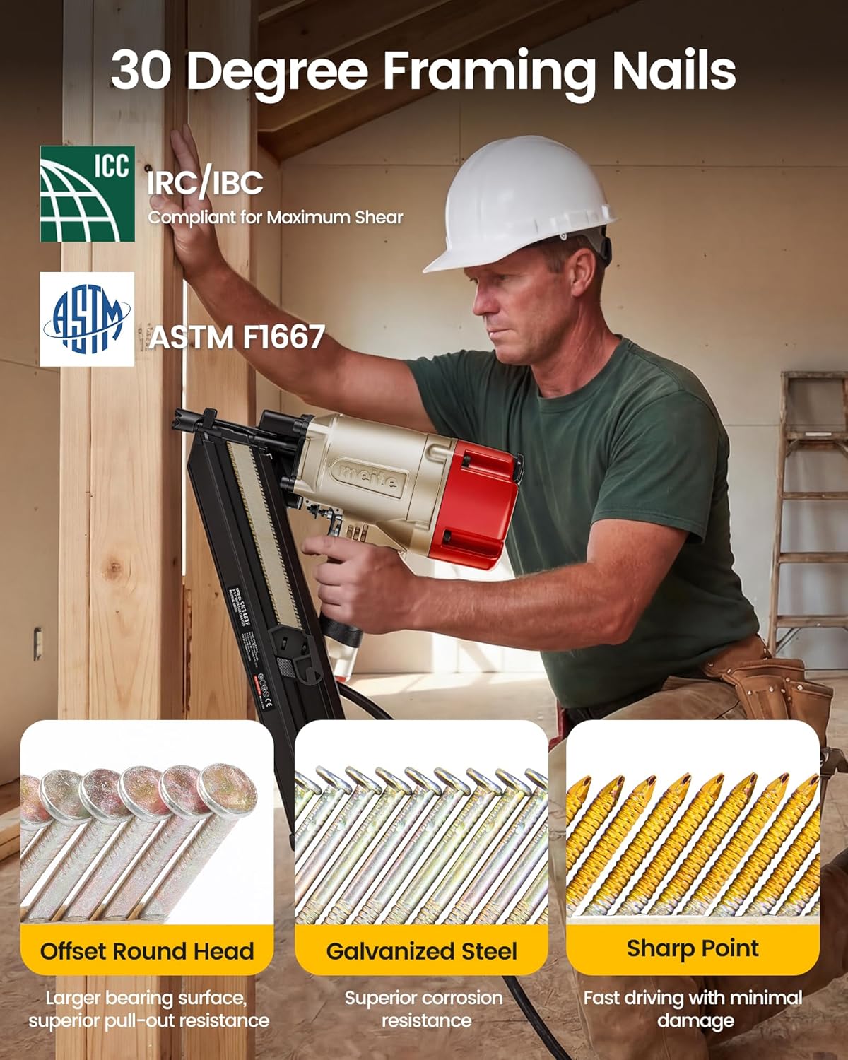 meite 30 Degree Framing Nails 3 Inch x .120 Inch Ring Shank Paper Collated Nails for 30-34 Degree Framing Nailer, Electro-Galvanized Offset Round Head Framing Nails for Sheathing Decking 2,000PCS