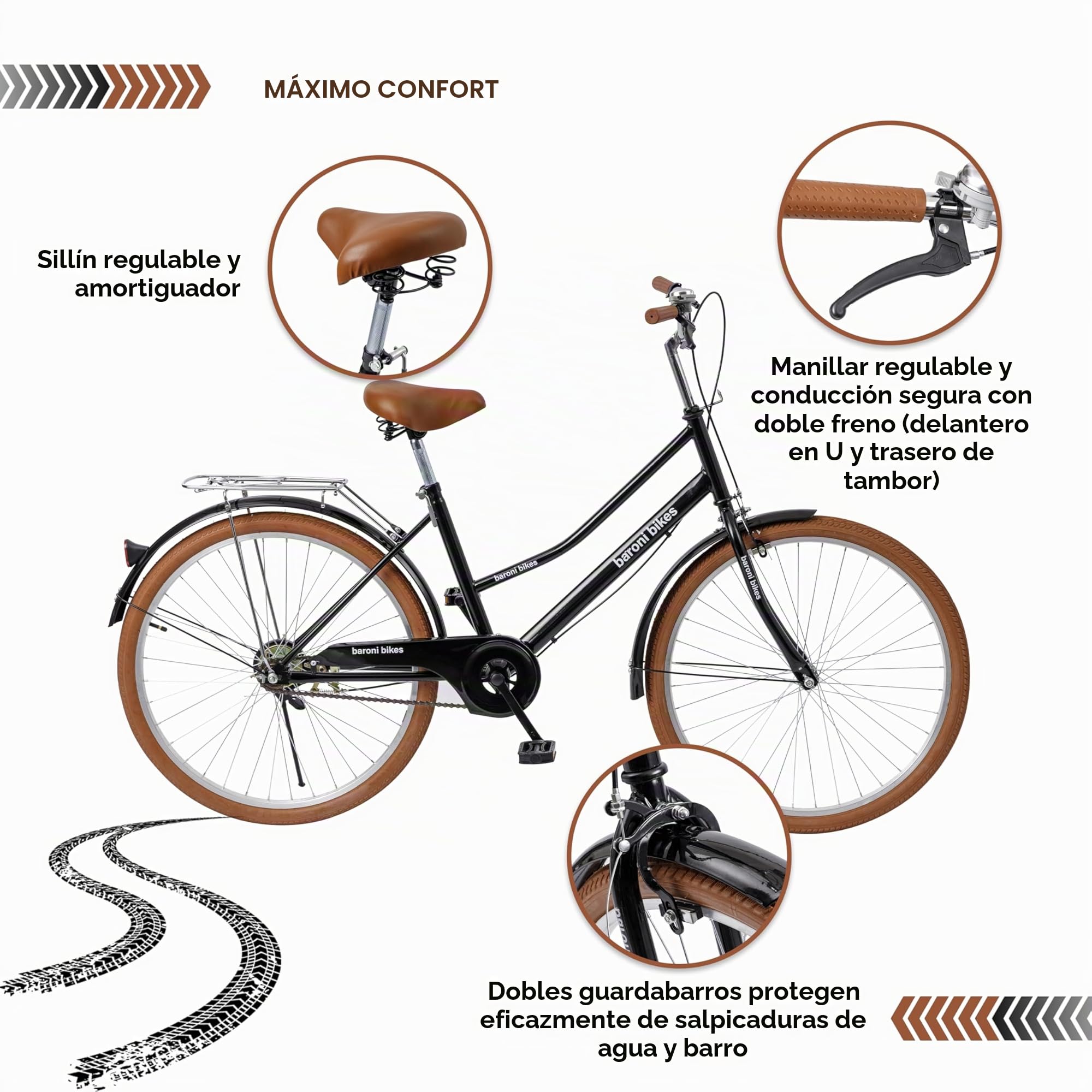 Baroni Home Bicicleta de paseo para hombre y mujer, con timbre, manillar y sillín ajustable, bicicleta con doble freno delantero y trasero, bicicleta de ciudad, negro y marrón, 168 x 90 cm