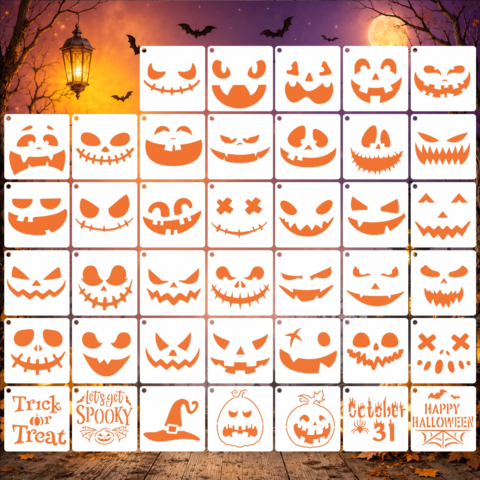 40 PCS 6 Inch Halloween Pumpkin Face Stencils for Painting, Reusable Jack O Lantern Face Templates with Spooky Smile Designs for Pumpkins, Wood, Canvas, Cards, DIY Halloween Crafts