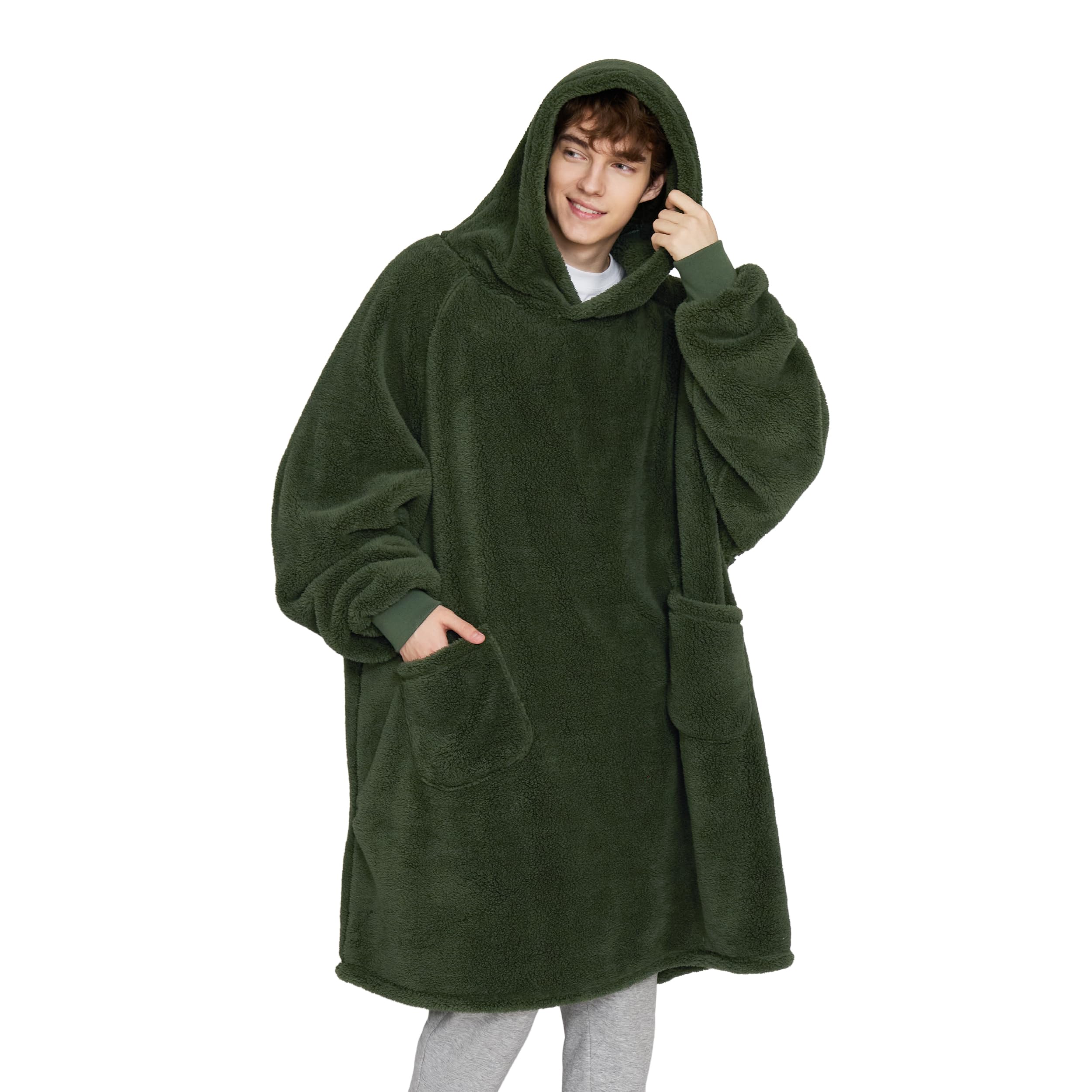 Bedsure Sherpa Wearable Blanket Hoodie - Warm Cozy, Oversize, Olive
