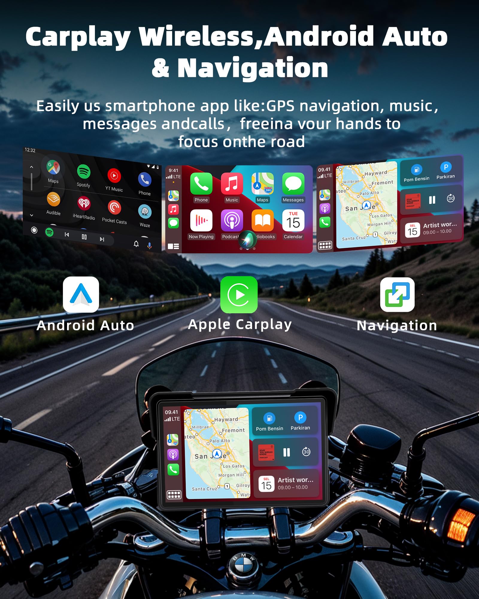 Jansite Carplay Moto per BMW Moto 7 Pollici Navigatore Moto Schermo Assistenza Senza Fili CarPlay e Android Auto, Navigatore per Mo.to con Bluetooth, IP67 Impermeabile, Navigazione GPS Siri/Goo-gle