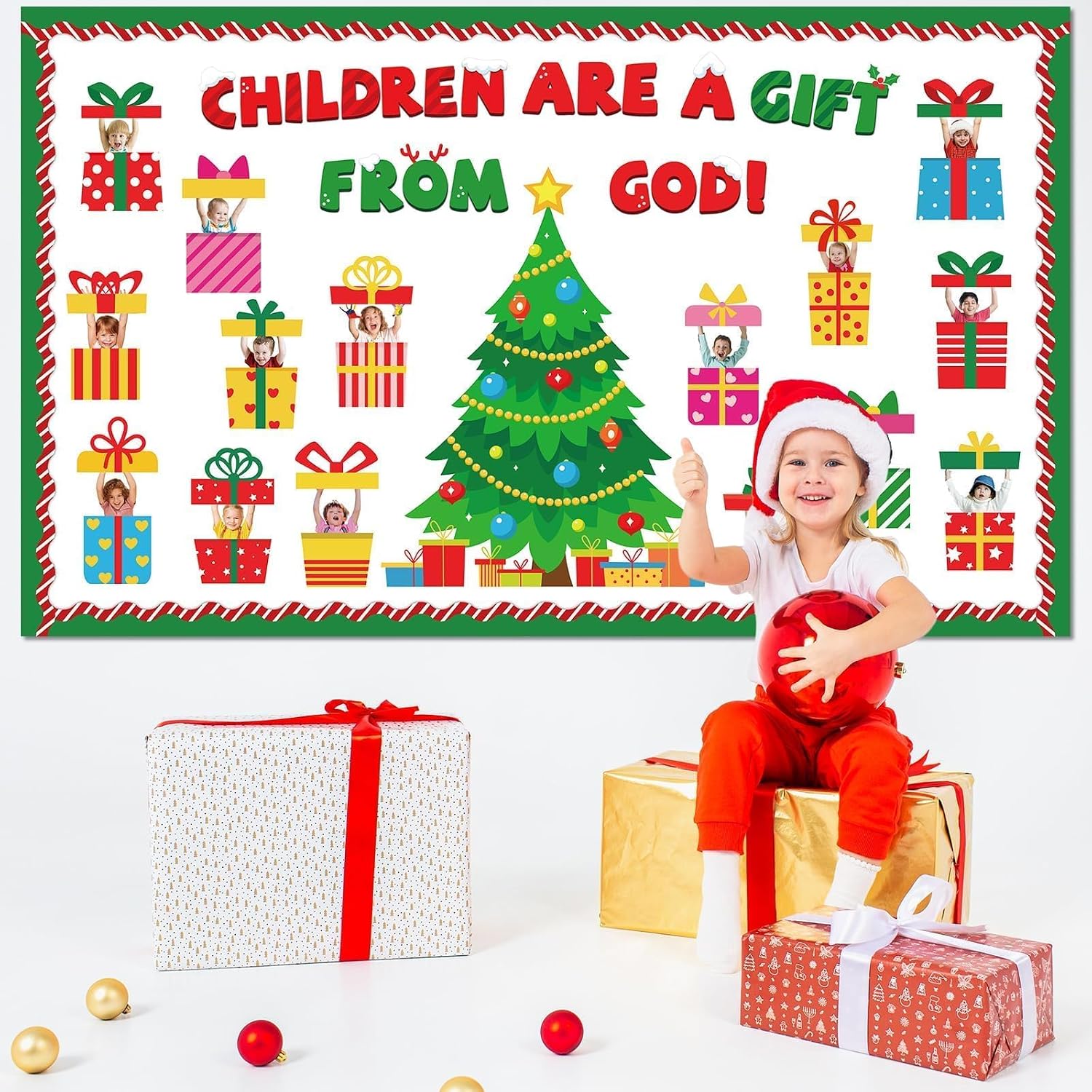 70 Pcs Christmas Bulletin Board Decoration Set Xmas Gift Boxes Cutouts DIY Photo Craft Christmas Classroom Decorations Christmas Tree Bulletin Board for Holiday School Chalkboard Wall Door Decorations