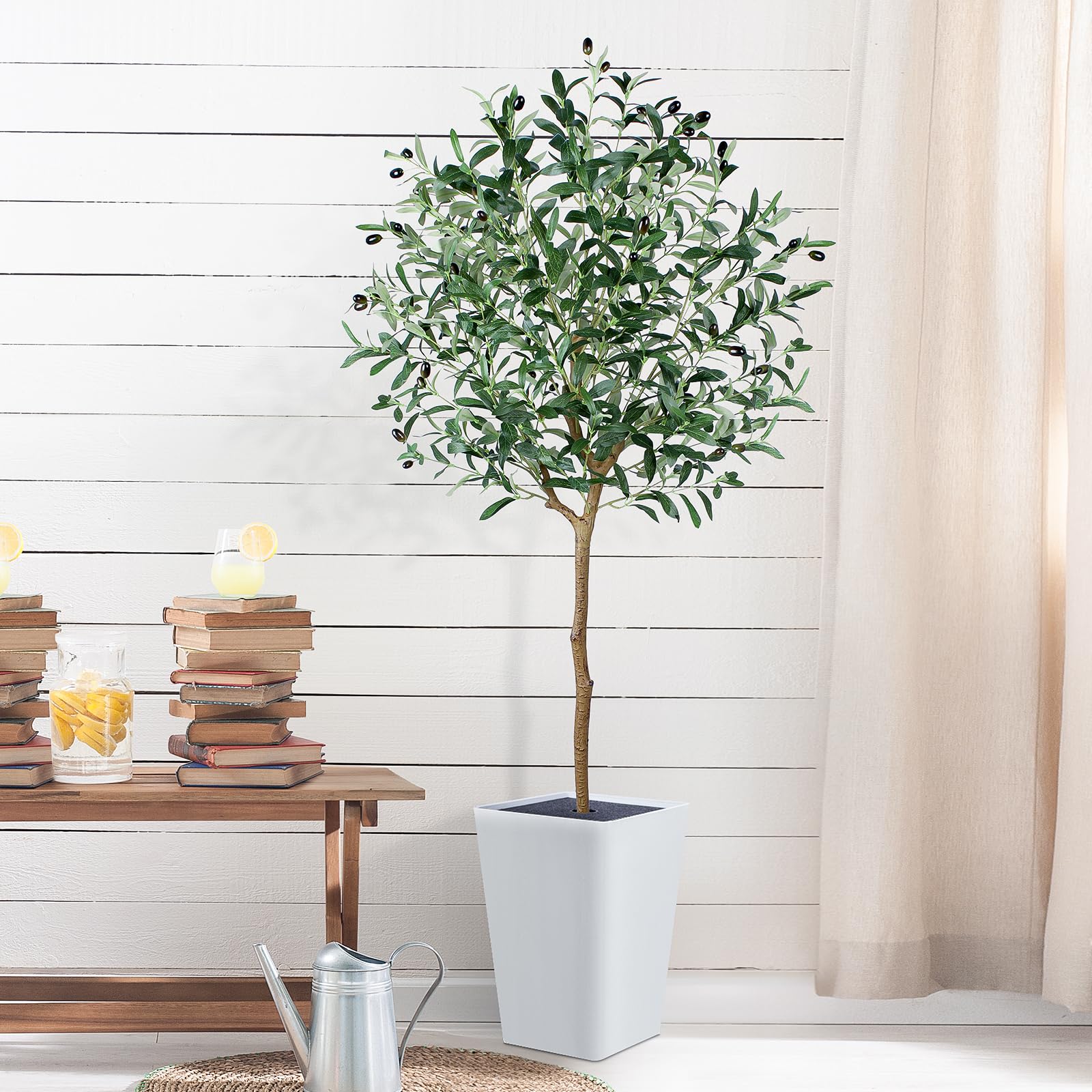 FLOWORLD Artificial Olive Tree with White Tall Planter, 5ft Tall Potted Decorative Fake Olive Tree, Large Faux Silk Tree for Home Office Floor Room Decor Plant Indoor Outdoor, Housewarming Gift