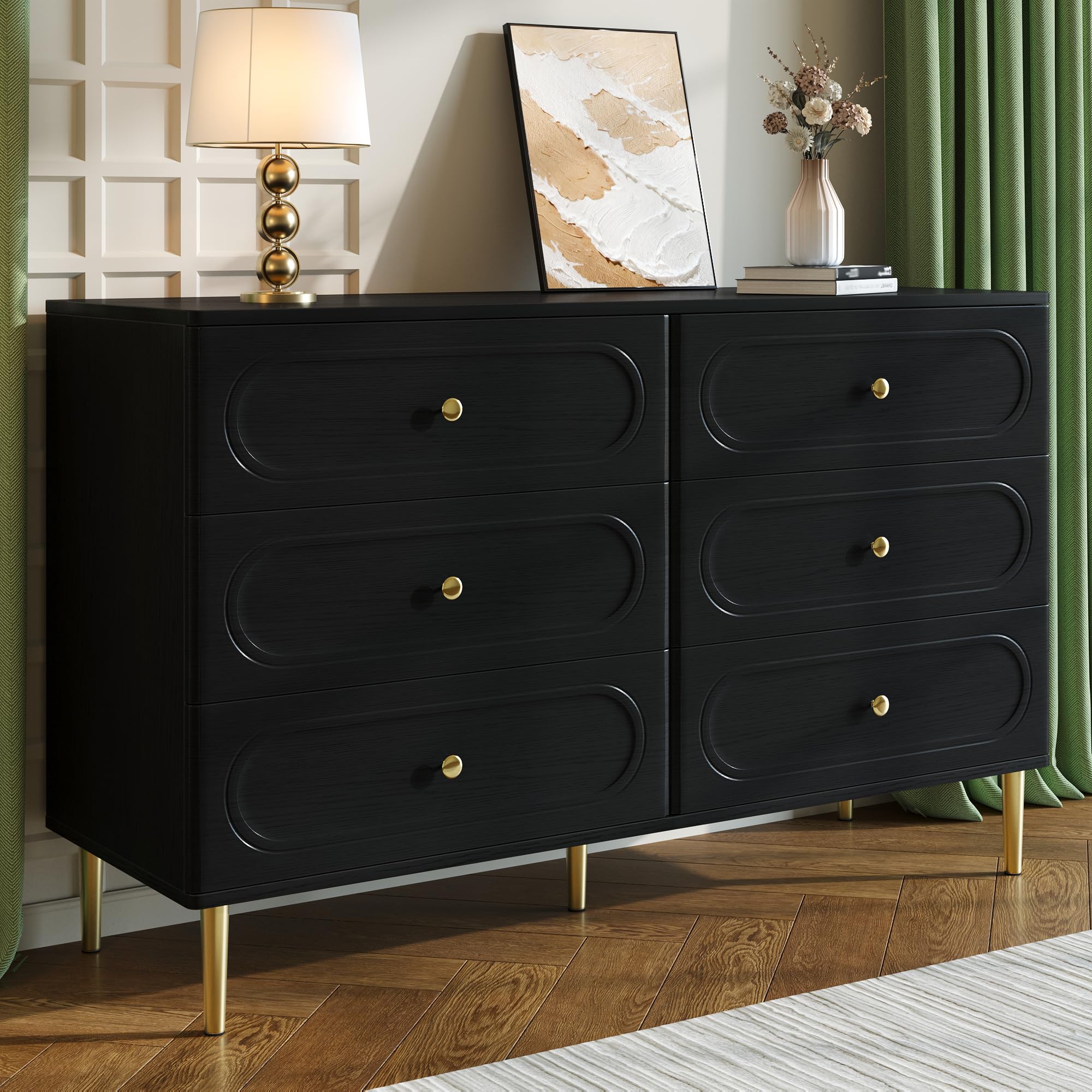 Armario auxiliar negro de 6 cajones para renovar el estilo de tu comedor
