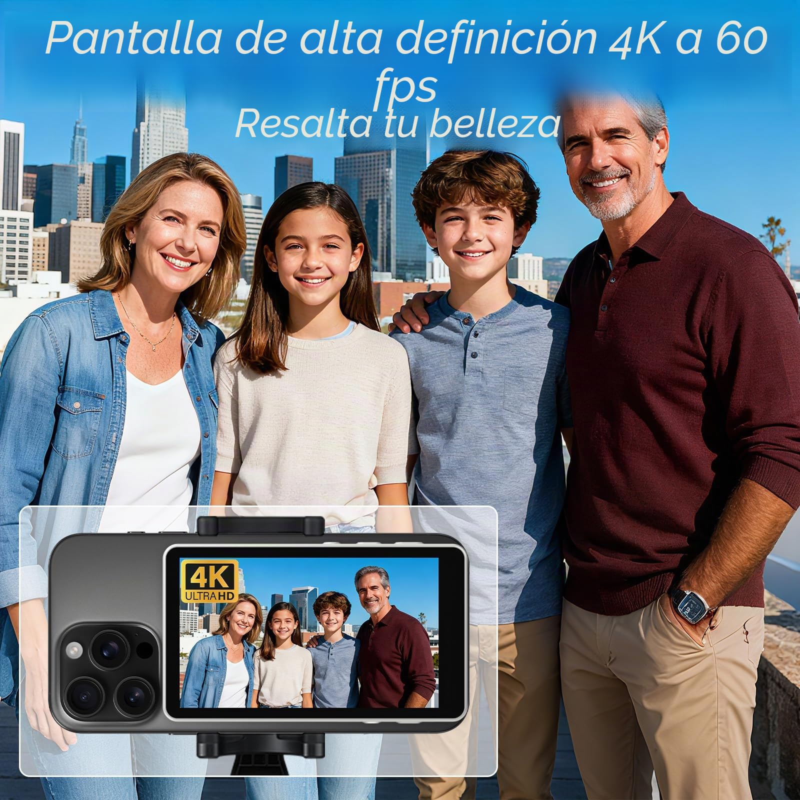 Monitor Selfie Magnético 4K para Cámara Trasera de Smartphone | Espejo para iPhone y Android, Control por Botón, Pantalla 4.02", Batería 3.5H, WiFi Dual, Carga USB-C Vlog Pantalla