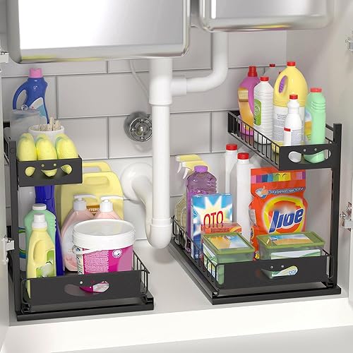 Uninol Under Sink Organizer with Pull-Out Drawers,Kitchen Sink Organizer,2 Tier Bathroom Organizers And Storage,Bathroom Accessories Set,Black 2 Pack - A 2 Pack - Black