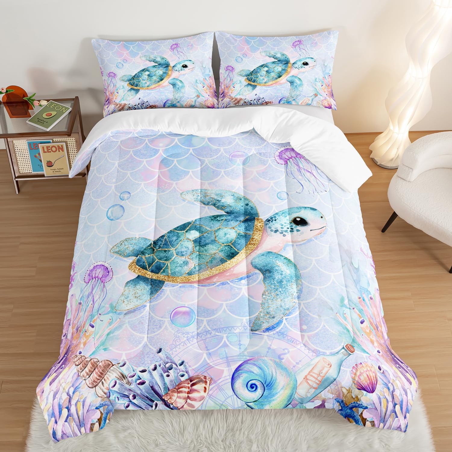 Coastal Bedding Sea Turtle Comforter Set Full Size,Mermaid Scale Coral Pattern Comforter for Toddler Kids Girls Room Decor with 2 Pillowcases.