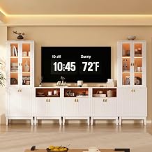TUSY 118" W Modular Two-Tone Entertainment Center Set, Modern Wall Unit with Dimmable LED Lighting, 4 Piece Media Console with Glass Doors - Beechwood Grain & Gold/Leather Pulls White, ACCCA