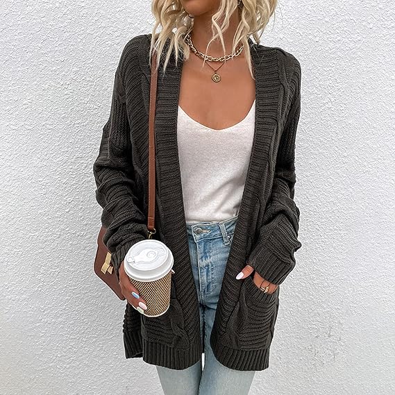 Easygou Womens Chunky Knit Cardigan Open Front Knit Cardigan Sweaters with Pockets Button Down Long Sleeve Sweater Solid Color Cable Knit Winter Sweater Coat for Women