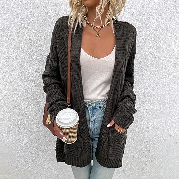 Easygou Womens Chunky Knit Cardigan Open Front Knit Cardigan Sweaters with Pockets Button Down Long Sleeve Sweater Solid Color Cable Knit Winter Sweater Coat for Women