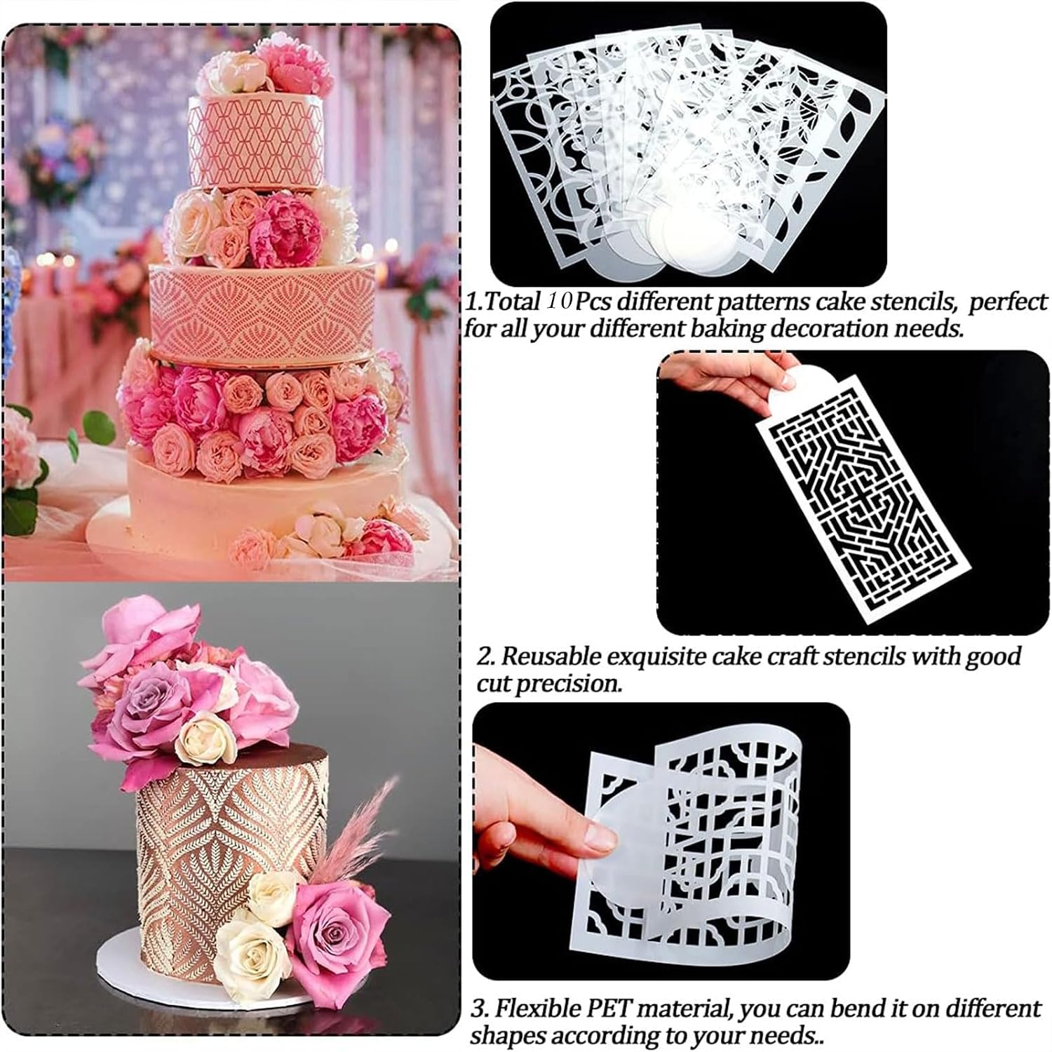 AUOCATTAIL 10 Pcs Cake Lace Stencils Decorating Buttercream Mesh Embossing Baking Tool for Chocolate Cake Icing DIY Patterned Irregular Lines Hollow Side Template