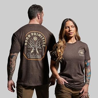 Born Primitive Unisex Outdoor Mule Deer Badge Tee - Lightweight Cotton-Poly Blend Athletic Fit Casual Short Sleeve T-Shirt