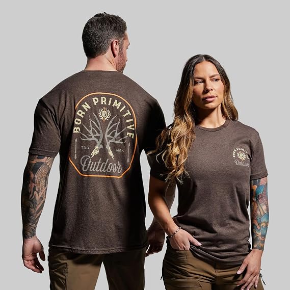 Born Primitive Unisex Outdoor Mule Deer Badge Tee - Lightweight Cotton-Poly Blend Athletic Fit Casual Short Sleeve T-Shirt