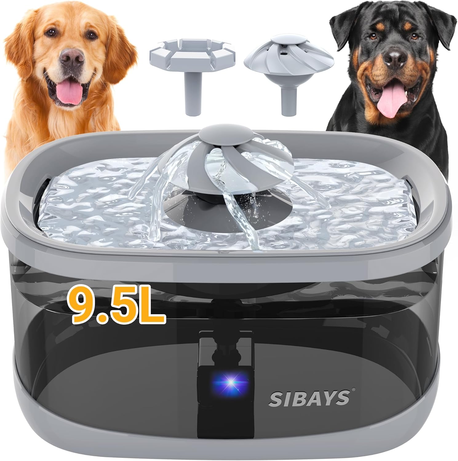 SIBAYS 9.5L Dog Water Fountain for Large Dogs, 2.5Gal Large Capacity Pet Water Fountain with 3 Flow Modes and LED Light, Automatic Ultra Quiet Dog Water Bowl Dispenser, Easy to Clean(FS82, Grey)