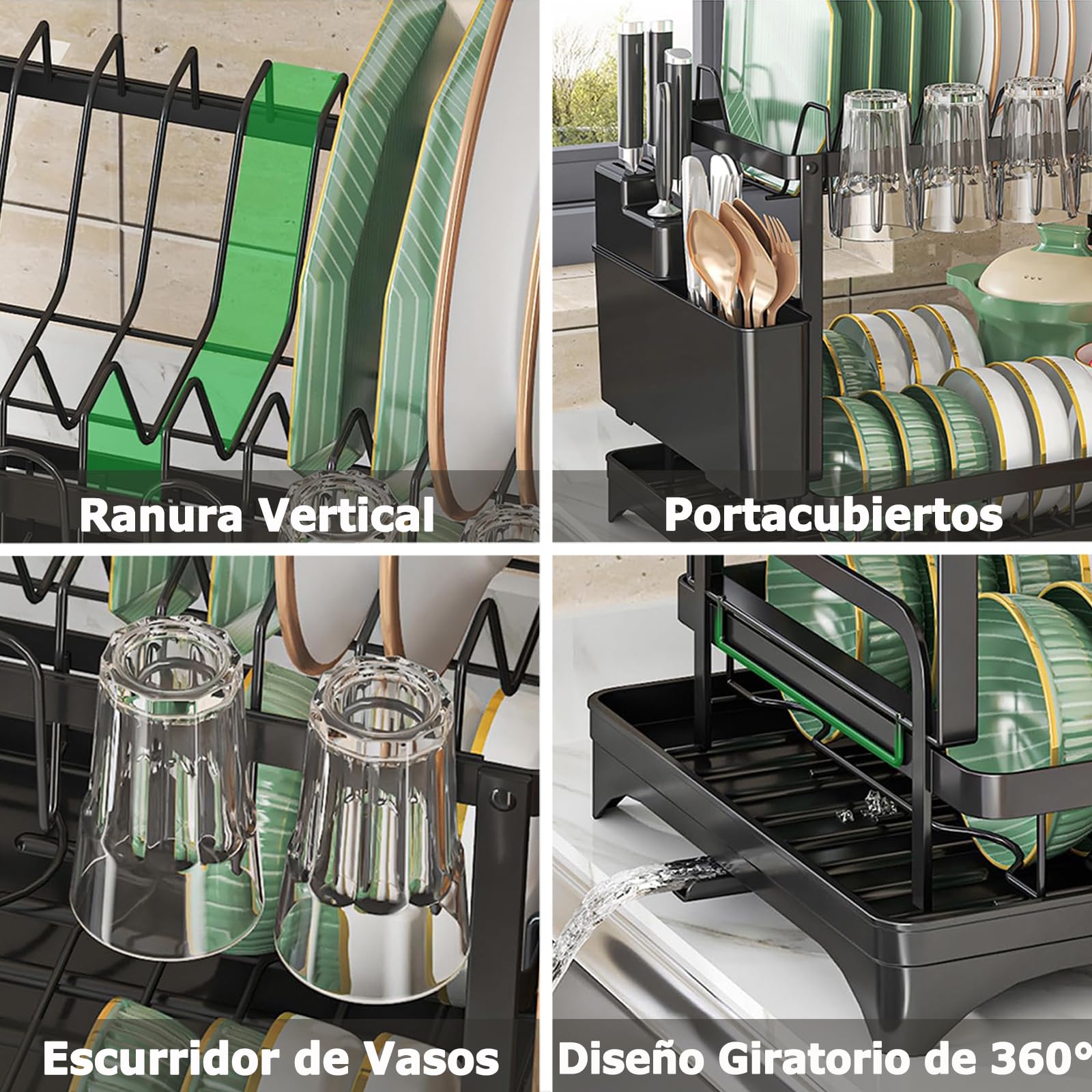MIMOCASA Escurreplatos sobre Fregadero, Escurreplatos Acero Inoxidable de 2 Niveles Gran, Escurridor de Platos con Desagüe Soporte para Utensilios y Portavasos, Negro — view 6
