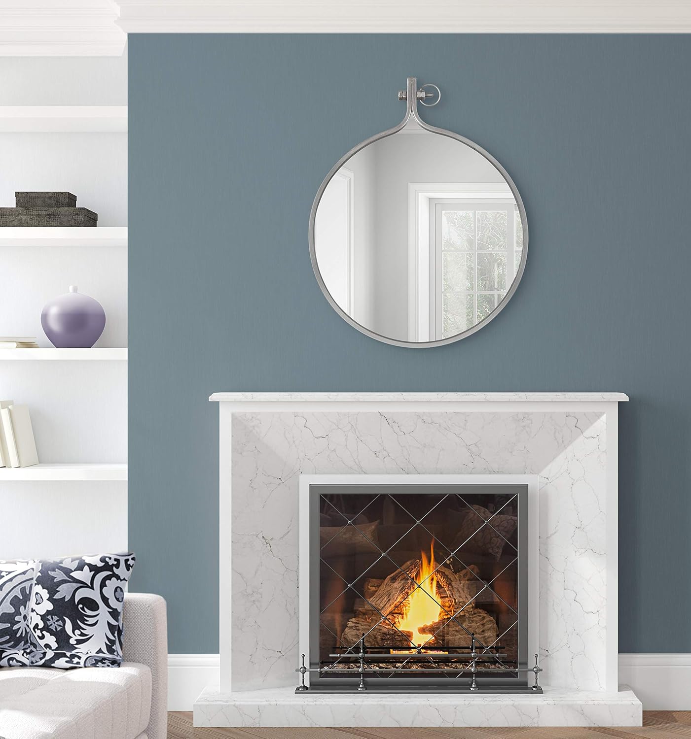 Kate and Laurel Yitro Round Metal Wall Mirror, 23.5 x 28.5, Silver, Farmhouse Wall Decor for Any Room