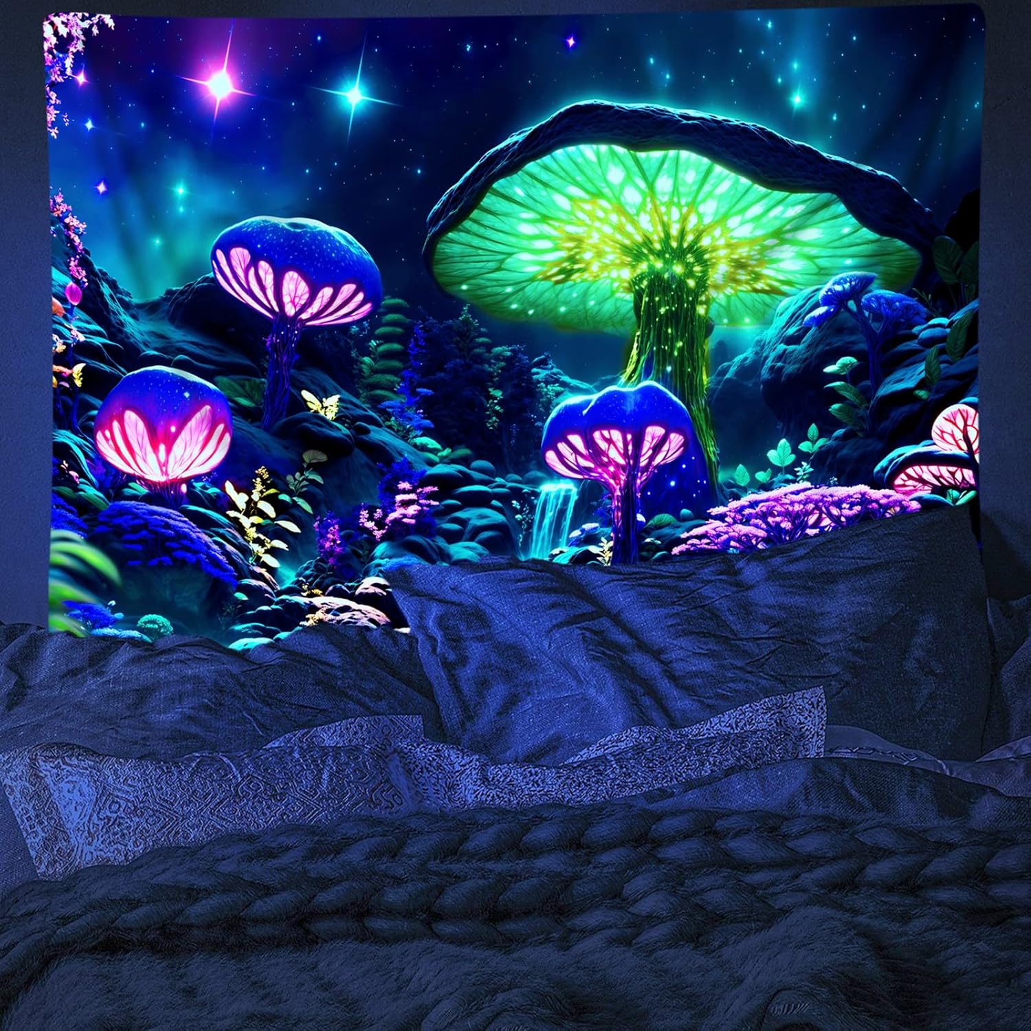 Blacklight Poster Mushroom Tapestry for Bedroom Aesthetic, Colorful Neon Forest Wall Art Black Light Posters for Adults (90 x 70 Inches)