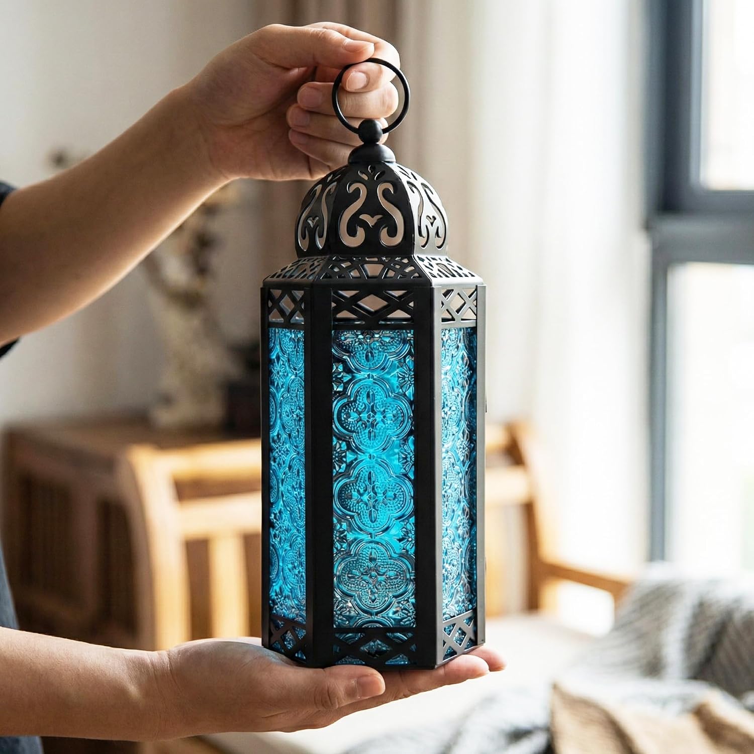 Vela Lanterns Decorative Indoor Moroccan Candle Holder, Blue, M | Ramadan & Eid Decorations, Turkish Votive Candle Lamp, Hanging Candle Lantern, Tealight & Pillar Holder, 10.5in Tall