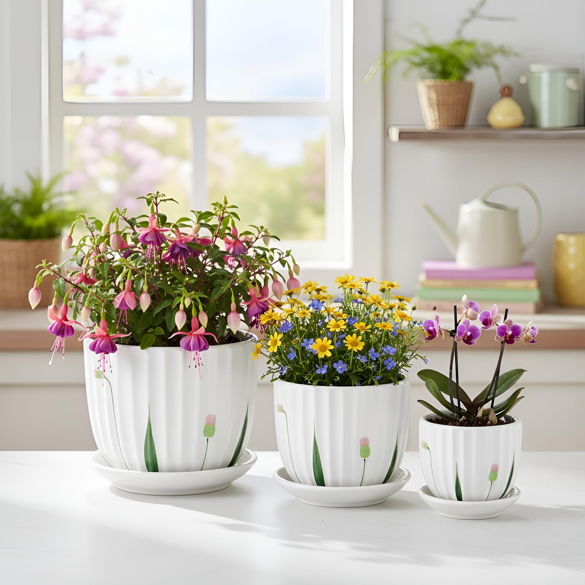 Xtore Elegant Ribbed Ceramic Planter Set of 3 with Drainage Tray – Modern Indoor Plant Pots for Home Decor, Succulents, Herbs & Desk Plants - (Pack of 3, Planters Only)-image-26