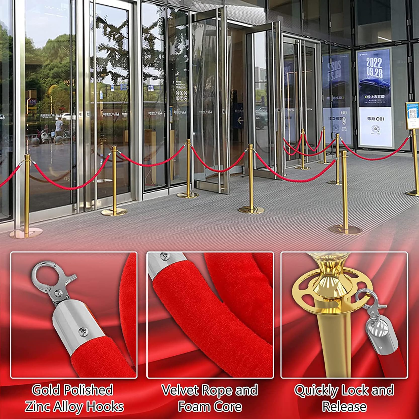 Barriera per il controllo della folla, confezione da 2 corde in velluto rosso, paletti di delimitazione per code con ganci lucidi, per cinema, eventi, hotel - lunghezza 1 metro.