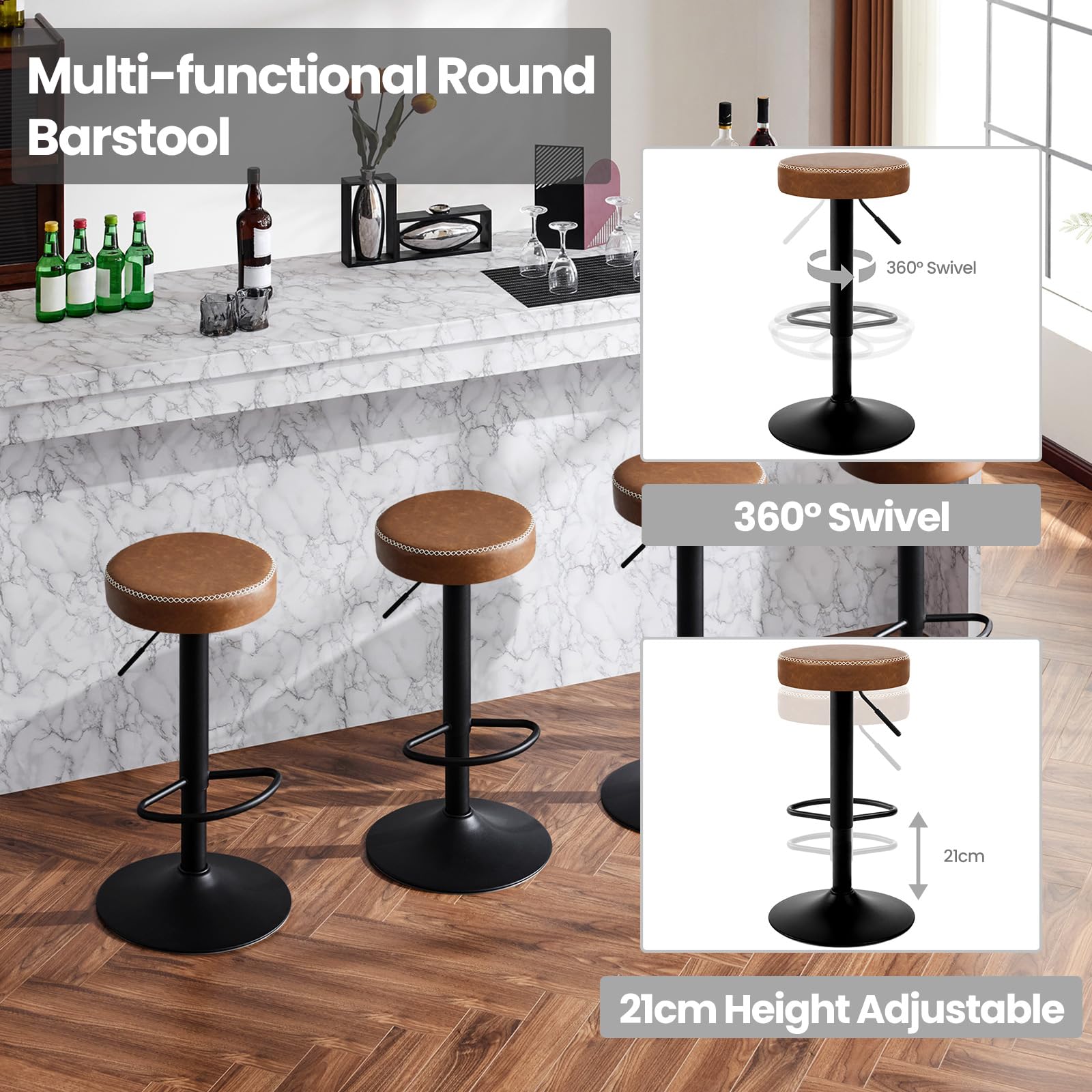 EUGAD Tabouret de Cuisine Haut Pivotant Avec Repose-Pieds, Bar Rond à Hauteur Réglable, Siège Rembourré en Similicuir Vintage, Marron, 1085BY-1