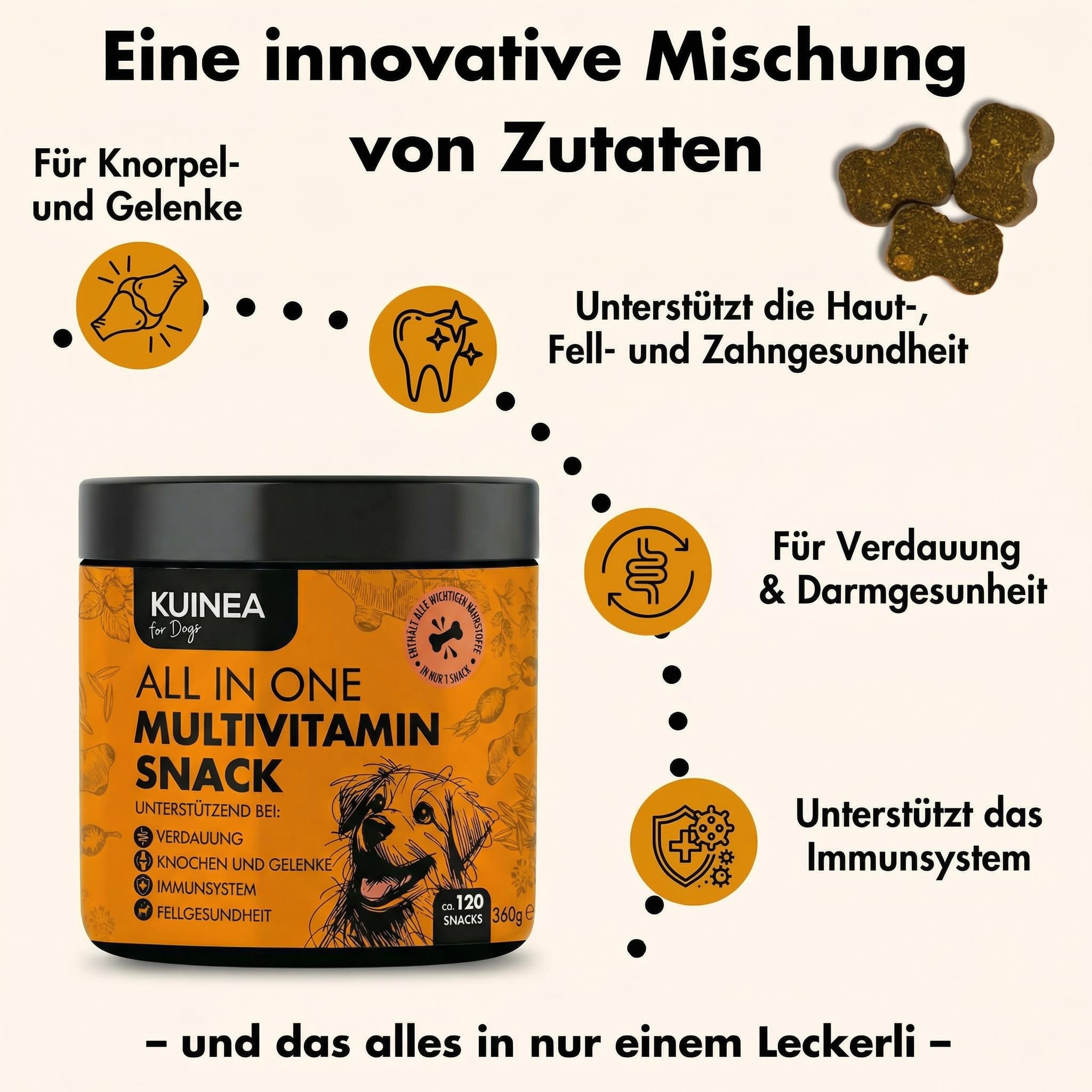 KUINEA® 3X Multivitamin Snack für Hunde – All in One Vitamine als Leckerli – 3X 120 Snacks (1080g) – Ergänzungsfuttermittel mit Vitaminen & Mineralstoffen – ab 6 Monaten (3er Pack)