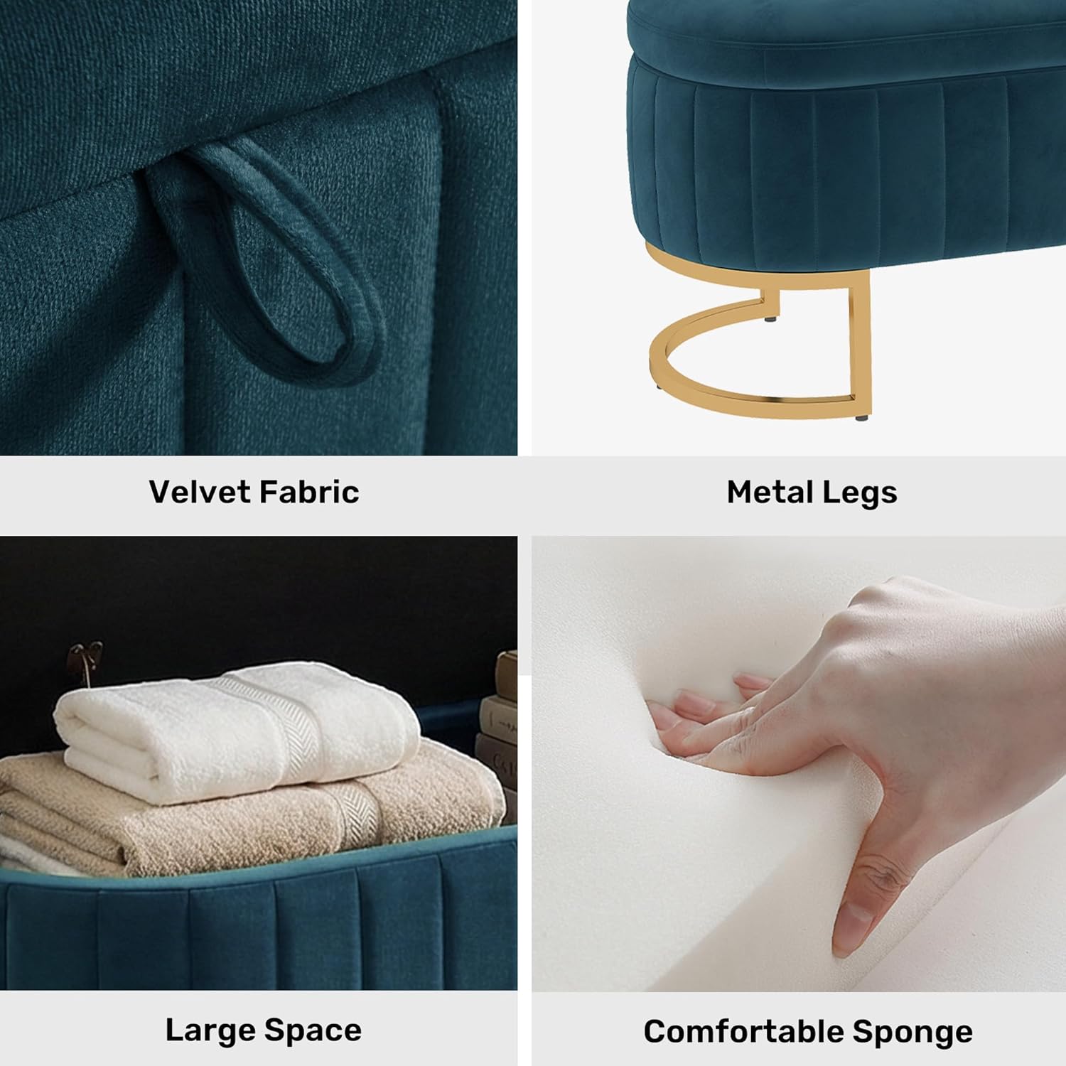 65 Inch Storage Ottoman Bench Velvet End of Bed Storage Bench King Size Upholstered Tufted Bench Large Space for Bedroom Living Room Entryway Dark Blue
