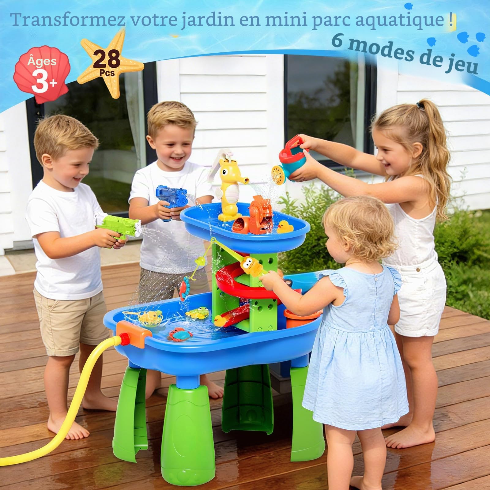 Table à Eau pour Enfants - Table Sensorielle avec 28 Accessoires de Jeu, Table de Jeu d'Extérieur avec Jet d'Eau Effet Pluie, Jouet Éducatif STEM pour Garçons et Filles de 3 à 8 Ans