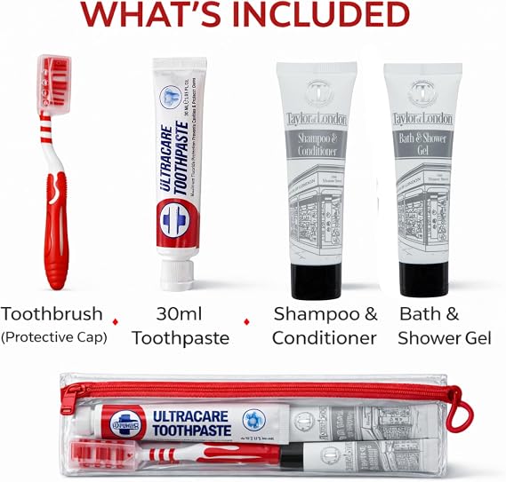 5pcs Travel Essentials Toiletry Bags for Women & Men - Holiday Essentials inc Travel Toothbrush, mini Toothpaste, 30ml mini Shampoo Conditioner Set, 30ml Shower Gel, Clear Travel Bags for Flying