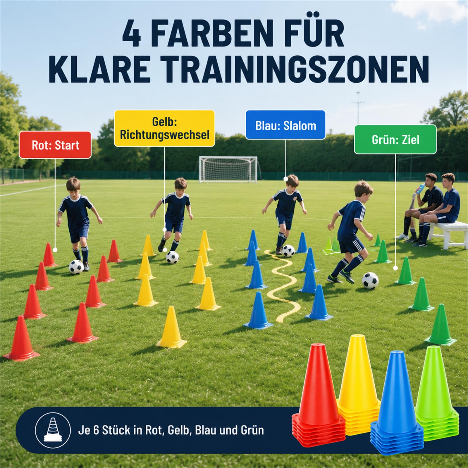 CYEER 24 Conos Entrenamiento Futbol, 23 x 13,5 cm, Coloridos pilones para niños al Aire Libre con Bolsa de Transporte, Conos de Entrenamiento para fútbol, Deportes, Juegos Activos