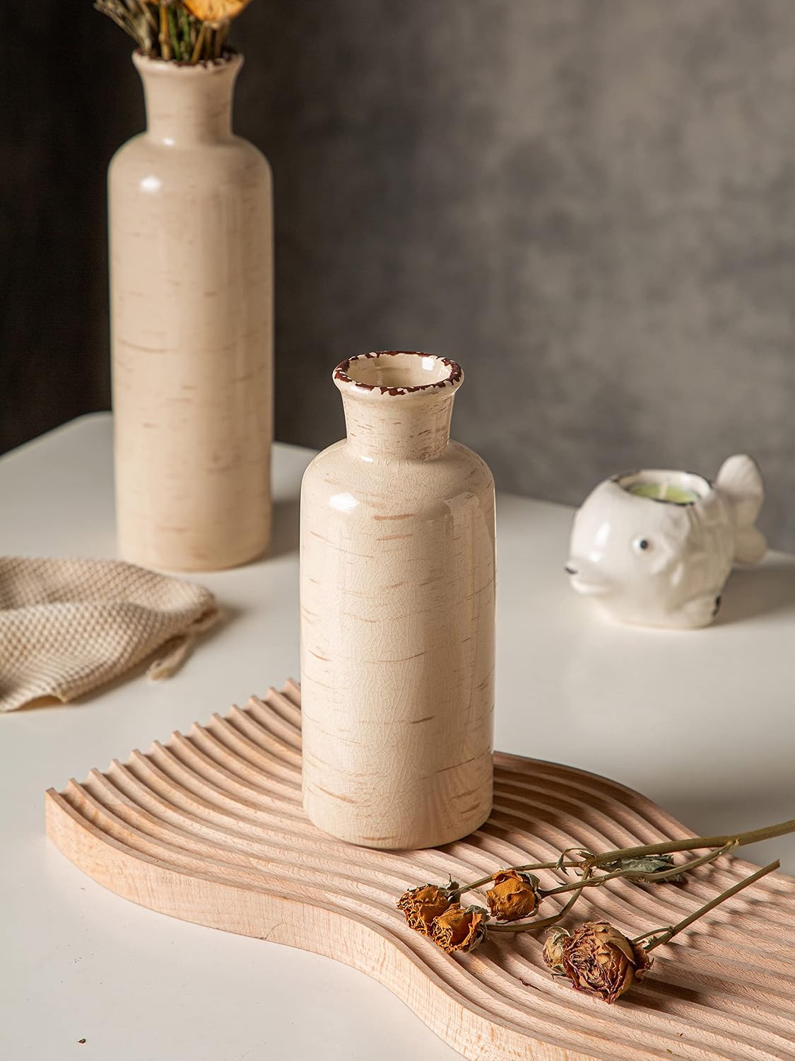 CwlwGO- Ceramic Rustic vase 3 Piece Set,Small vase for Country Home Decoration,Modern Farmhouse,Living Room Decoration, Table Decoration, Bookcase, Fireplace and Entrance Decoration。(White)