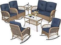 Vista 35 de MEETWARM Juego de 3 piezas de mimbre giratorio para patio al aire libre, mecedoras, juegos de muebles de patio de ratán con cojín grueso y mesa