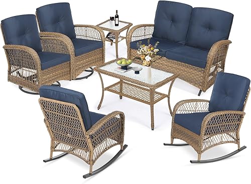 Miniatura 35 de MEETWARM Juego de 3 piezas de mimbre giratorio para patio al aire libre, mecedoras, juegos de muebles de patio de ratán con cojín grueso y mesa