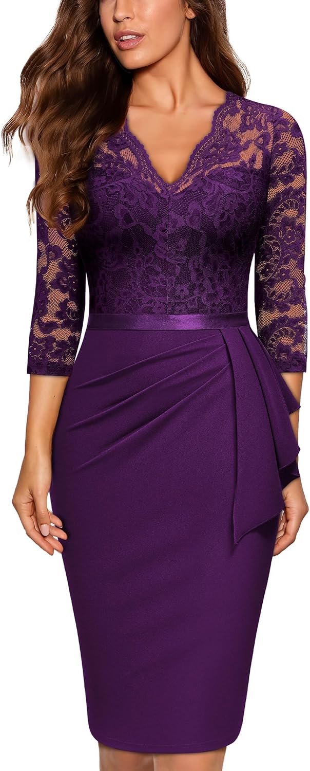 Miusol Women's Retro V Neck Floral Lace Ruffle Style Cocktail Party Dress