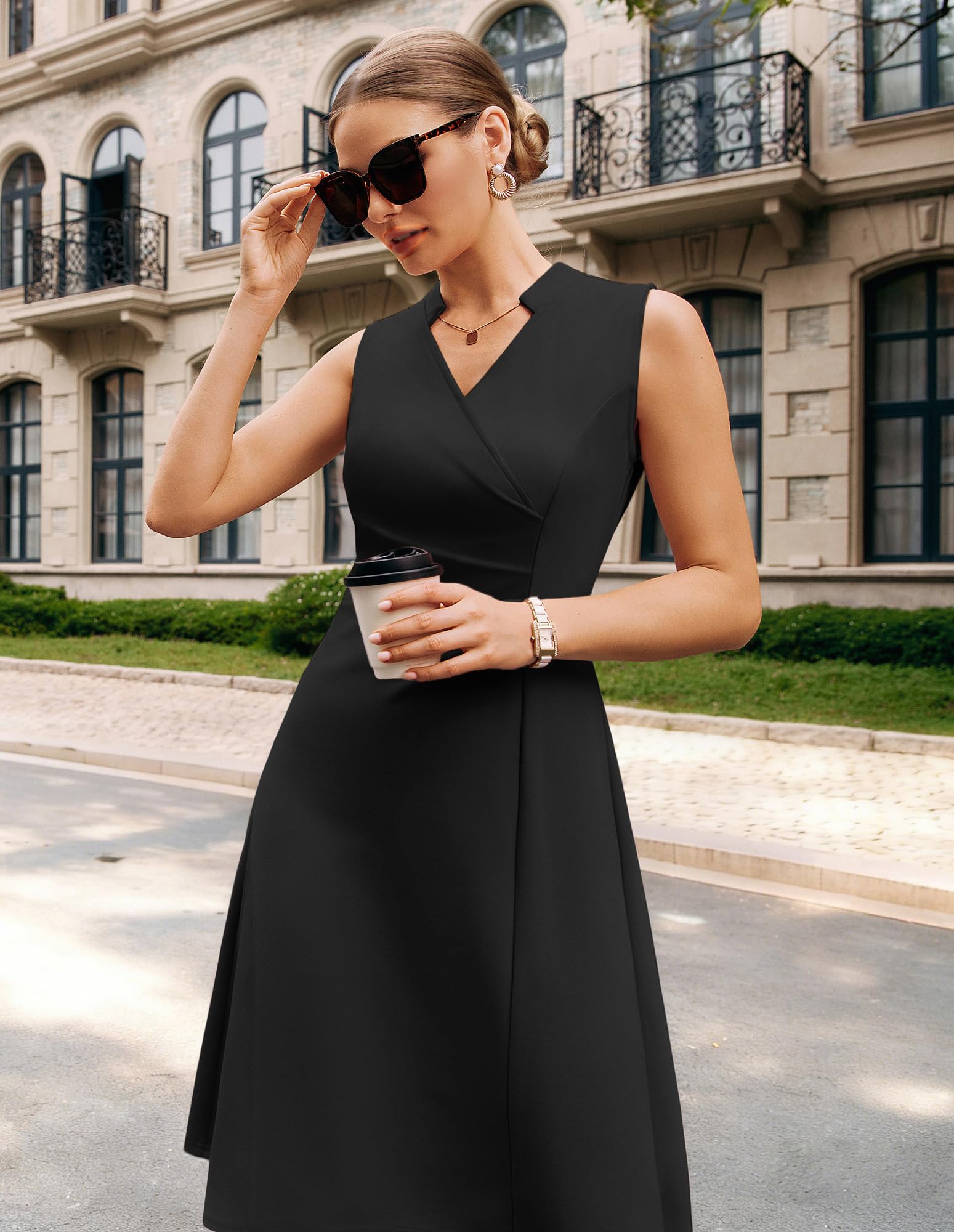 GRACE KARIN Damen Ärmellos Kleid V-Ausschnitt Knielang Kleider Business Bürokleid