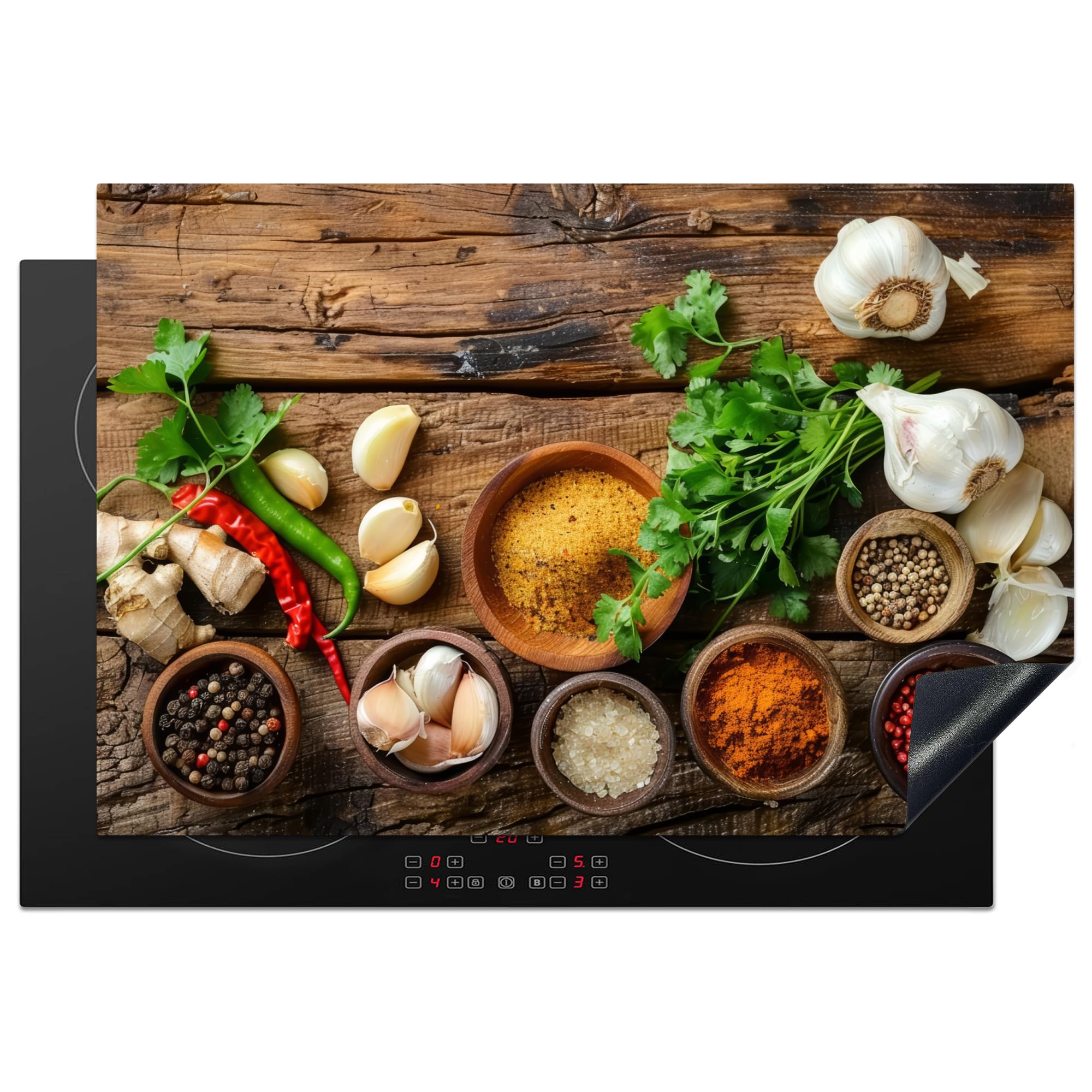 KitchenYeah© Herdabdeckplatte Induktion Schutzmatte Küche Herdabdeckung Ceranfeld Induktionsmatte Cerankochfeld Abdeckung Kräuter - Gewürze - Basilikum - Holzdruck - Knoblauch - 78x52 cm