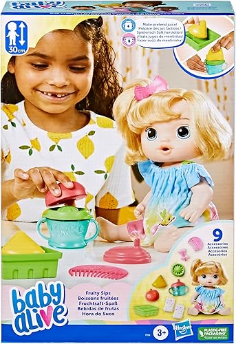 Miniatura 2 de Baby Alive Fruity Sips Muñeca, manzana, juguetes para niñas de 3 años, juego de muñecas de bebé de 12 pulgadas, bebidas y húmedas, exprimidor de